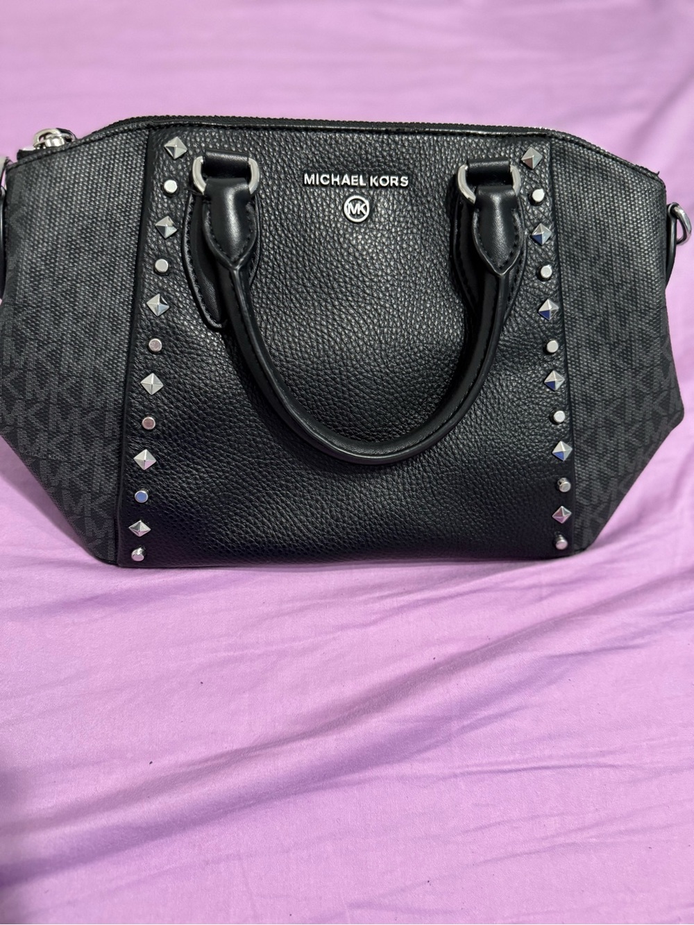 Michael Kors Black Studded Leather Satchel with Silver Hardware